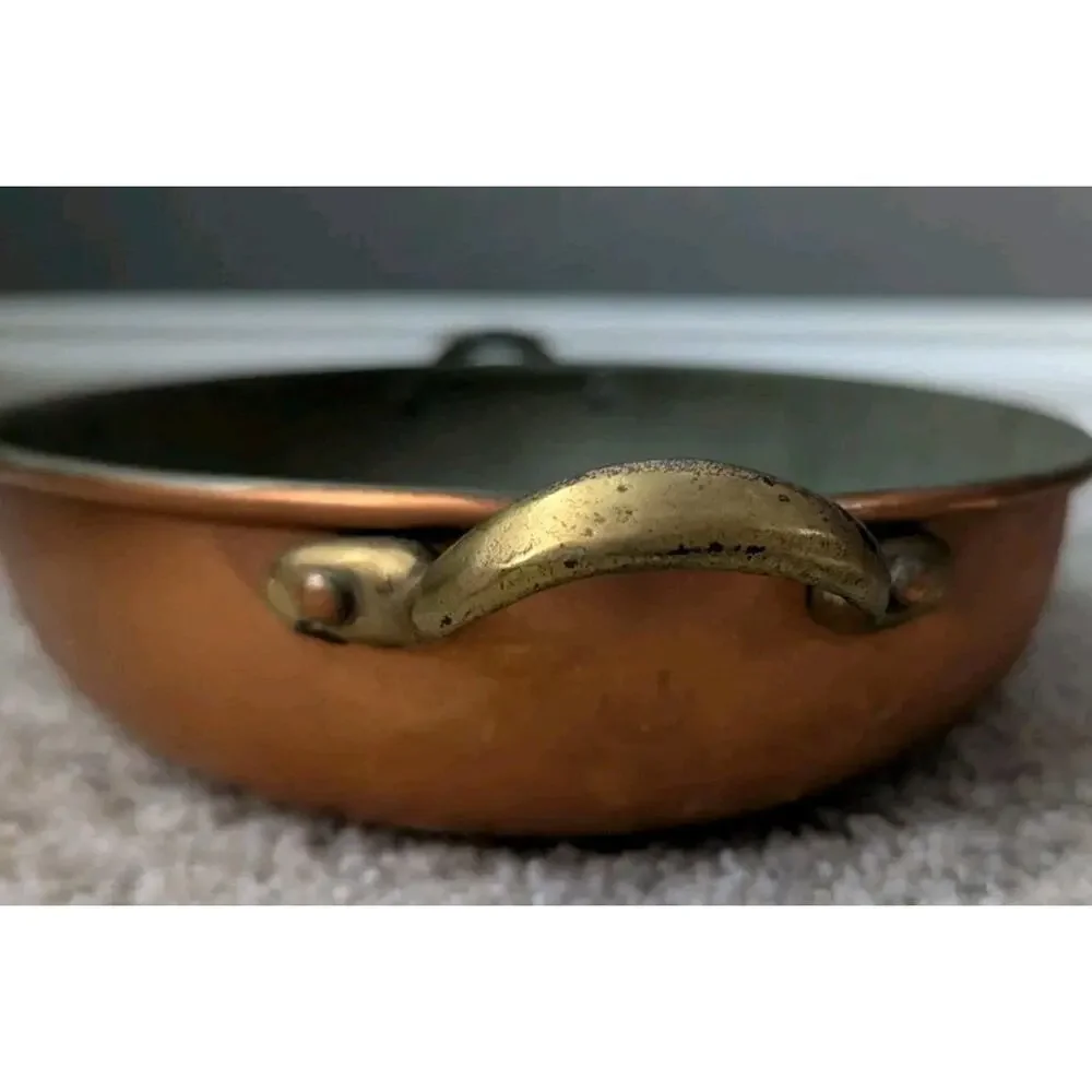 Vtg Copper Oval Gratin Pan Tin Lined Brass Handles Hammered Roasting Baking Dish